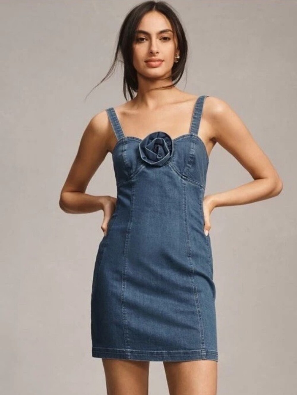 $158 PORRIDGE X ANTHROPOLOGIE Rosette Denim 3D Floral Mini Dress